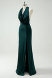 Halter hals Pine Green zeemeermin lange bruidsmeisje jurk met split