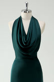 Halter hals Pine Green zeemeermin lange bruidsmeisje jurk met split