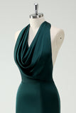 Halter hals Pine Green zeemeermin lange bruidsmeisje jurk met split