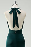 Halter hals Pine Green zeemeermin lange bruidsmeisje jurk met split