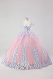 Prinses Blozen Roze Off de Schouder Pailletten Strass Tulle Quinceanera Jurk met Strik