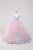 Prinses Blozen Roze Off de Schouder Pailletten Strass Tulle Quinceanera Jurk met Strik