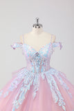 Prinses Blozen Roze Off de Schouder Pailletten Strass Tulle Quinceanera Jurk met Strik