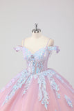 Prinses Blozen Roze Off de Schouder Pailletten Strass Tulle Quinceanera Jurk met Strik