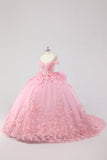 Prinses Blush Roze Baljurk Off the Shoulder Beaded Butterfly Tulle Quinceanera Jurk met Strik