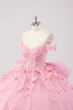 Prinses Blush Roze Baljurk Off the Shoulder Beaded Butterfly Tulle Quinceanera Jurk met Strik