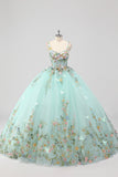 Prinses Mint Ball Gown Spaghetti Bandjes Tule Quinceanera Jurk met Bloem Appliques