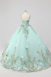 Prinses Mint Ball Gown Spaghetti Bandjes Tule Quinceanera Jurk met Bloem Appliques