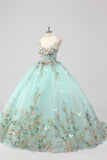 Prinses Mint Ball Gown Spaghetti Bandjes Tule Quinceanera Jurk met Bloem Appliques