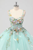 Prinses Mint Ball Gown Spaghetti Bandjes Tule Quinceanera Jurk met Bloem Appliques