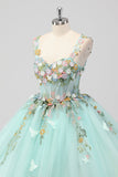 Prinses Mint Ball Gown Spaghetti Bandjes Tule Quinceanera Jurk met Bloem Appliques