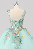 Prinses Mint Ball Gown Spaghetti Bandjes Tule Quinceanera Jurk met Bloem Appliques