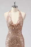 Glitter Champagne Zeemeermin Halter Open Terug Lange Galajurk met Pailletten