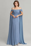 Grijs blauwe chiffon off the shoulder kant Kaap moeder van de bruid jurk