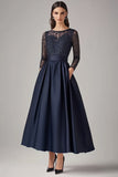 Sprankelende Navy Beaded A Line Lange Mouwen Moeder Van de Bruid Jurk met Kant