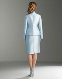 Blauw Satijn V-hals Lange Mouwen 2 stuks Moeder Van De Bruid Jurk