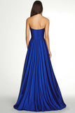Koningsblauwe geplooide asymmetrische chiffon strapless Maxi A-lijn formele jurk