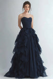 Organza Navy Gelaagde strapless A-lijn formele jurk