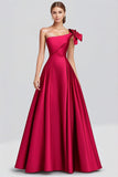 Fuchsia A-Line One Shoulder Bow Satijn Lange Formele Jurk