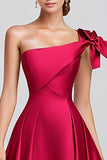 Fuchsia A-Line One Shoulder Bow Satijn Lange Formele Jurk