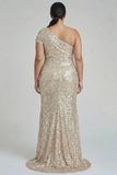 Glitterende champagne formele jurk met één schouder plus maat sheath met pailletten
