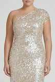 Glitterende champagne formele jurk met één schouder plus maat sheath met pailletten