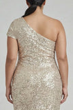 Glitterende champagne formele jurk met één schouder plus maat sheath met pailletten