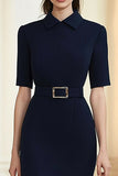 Navy Polo Kraag Mediumsleeves Midi Formele Jurk