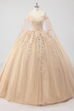 Prinses Champagne Off the Shoulder Cape Mouwen Tulle Quinceanera Jurk met Appliques