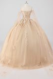 Prinses Champagne Off the Shoulder Cape Mouwen Tulle Quinceanera Jurk met Appliques