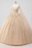 Prinses Champagne Off the Shoulder Cape Mouwen Tulle Quinceanera Jurk met Appliques