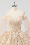 Prinses Champagne Off the Shoulder Cape Mouwen Tulle Quinceanera Jurk met Appliques