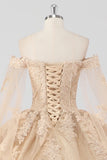 Prinses Champagne Off the Shoulder Cape Mouwen Tulle Quinceanera Jurk met Appliques