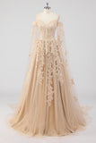 Prinses Champagne Off the Shoulder Cape Mouwen Tulle Quinceanera Jurk met Appliques