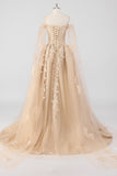 Prinses Champagne Off the Shoulder Cape Mouwen Tulle Quinceanera Jurk met Appliques