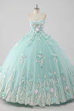 Prinses Mint Galajurk Strapless Tule Quinceanera Jurk met 3D Bloemen