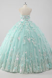 Prinses Mint Galajurk Strapless Tule Quinceanera Jurk met 3D Bloemen