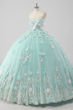 Prinses Mint Galajurk Strapless Tule Quinceanera Jurk met 3D Bloemen