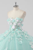 Prinses Mint Galajurk Strapless Tule Quinceanera Jurk met 3D Bloemen