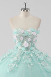 Prinses Mint Galajurk Strapless Tule Quinceanera Jurk met 3D Bloemen