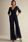 Navy V-hals Halve Mouwen Chiffon Moeder van de Bruid Jumpsuits