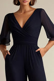 Navy V-hals Halve Mouwen Chiffon Moeder van de Bruid Jumpsuits