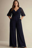 Marineblauw plus size chiffon V-hals met halve mouwen Mother of the Bride jumpsuits