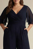 Marineblauw plus size chiffon V-hals met halve mouwen Mother of the Bride jumpsuits