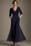 Marineblauwe A-lijn chiffon V-hals koorjurk met halve mouwen
