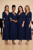 Marineblauwe A-lijn chiffon V-hals koorjurk met halve mouwen