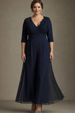Navy A-lijn V-hals Chiffon plus maat Mother of the Bride jurk met applicaties