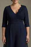 Navy A-lijn V-hals Chiffon plus maat Mother of the Bride jurk met applicaties