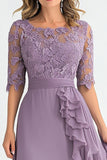 Elegante Grijze Purpe A Line Tule Moeder Van Bruid Jurk Met Ruches