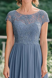 Grijs Blauw A-Line Illusion Lace Neck Chiffon Enkellengte Moeder van de Bruid Jurk